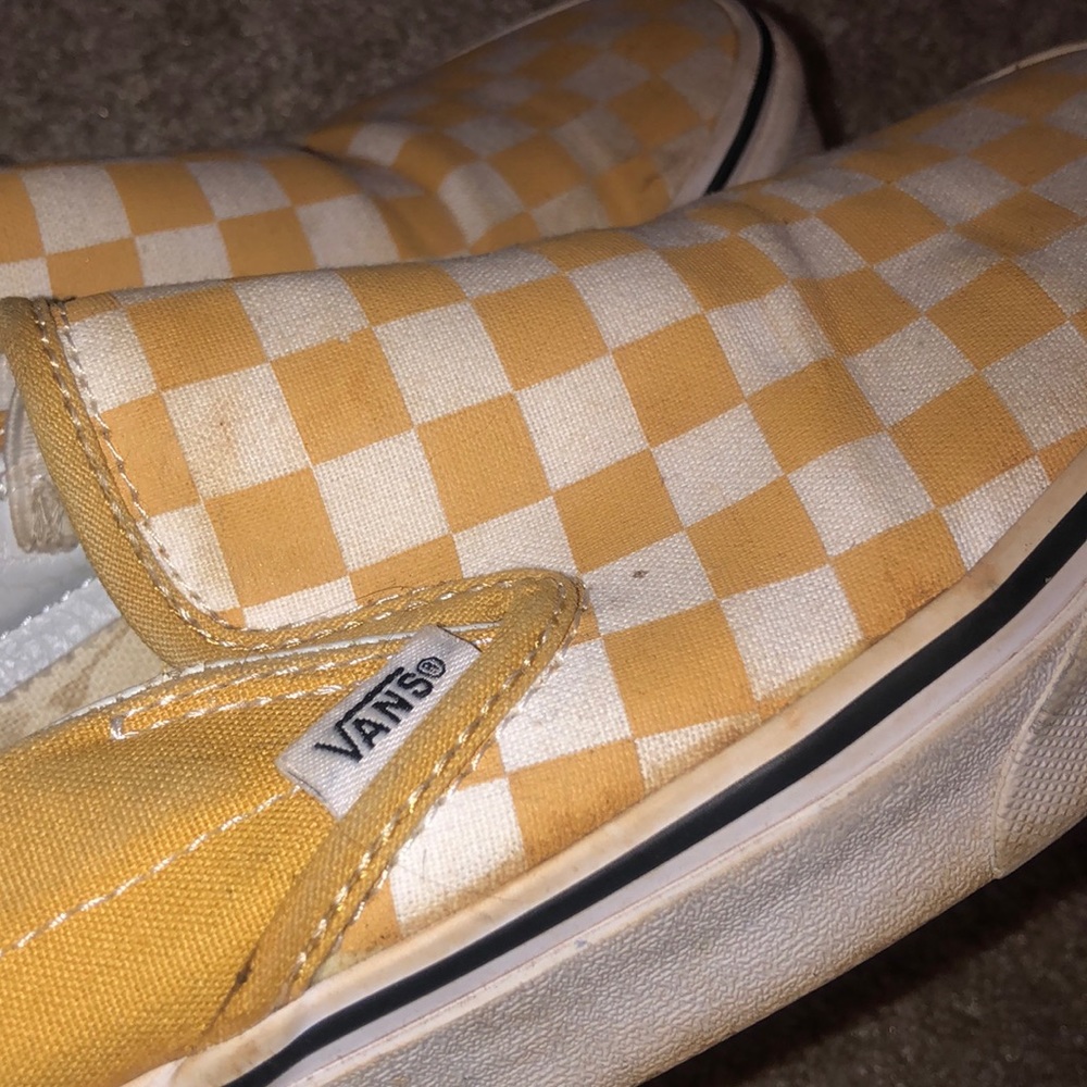 mustard yellow checkered print slip on vans